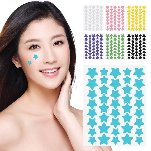 Woman with star-shaped stickers on her face and a display of various color star stickers.